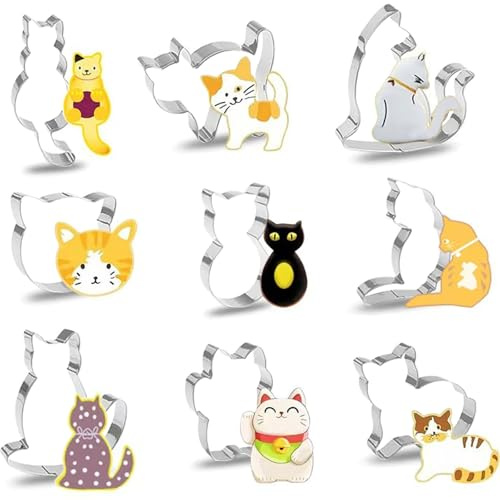 KASESSS 9 StüCk Katze-Form Ausstechformen, Edelstahl Katze PläTzchen Ausstecher KreativitäT Tier Keksausstecher, Süß Ausstechformen Kinder Geschenke FüR Leckerlis Backen Basteln Deco Diy