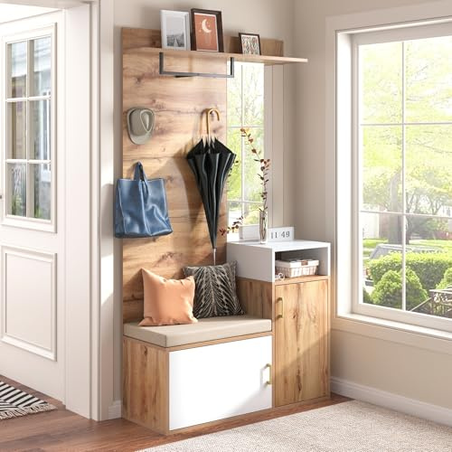 Gxffipw Garderobe Set mit Spiegel und Schuhschrank, Garderobenset mit Wandgarderobe und Sitzbank, Flurgarderoben Set mit Ablagefach, Flur möbel, Garderobenschrank, Weiß+Holzfarbe, 105×40×191.5 cm