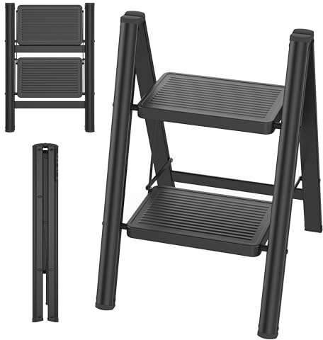 Plschckes Escabeau pliable à 2 marches avec pédale large antidérapante, échelle pliante légère jusqu'à 250 kg, pour cuisine, garde-manger, bureau
