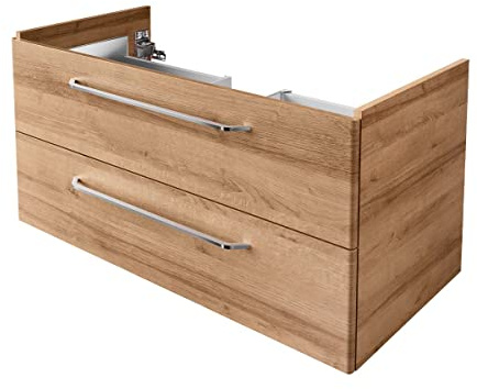 BadeDu NES Waschbeckenunterschrank in braun – 100 cm Breite, AST Eiche Holzoptik, 2 Softclose Schubladen, Modern Mediterraner Stil – Made in Germany