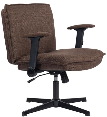 HOMCOM Silla de Oficina Piernas Cruzadas, Silla de Escritorio con Reposabrazos Abatible, Asiento Ancho de 63 cm, sin Ruedas, Altura Ajustable, Giratoria, Función Basculante, Tapizada en Lino, Marrón