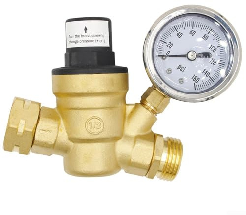 Reductor de presión de agua de latón con válvula ajustable de calibre de 0160 PSI para rosca de manguera de jardín compatible con sistemas de agua RV campistas y remolques