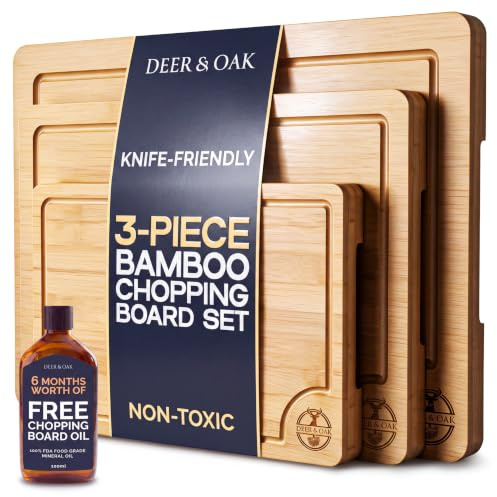 Deer & Oak 3-Piece Bamboo Chopping Board Set & 100ml Oil Bundle | 33x24cm, 28x20cm and 22x15cm · Side Handles and Grooves · Food Grade Mineral Formula