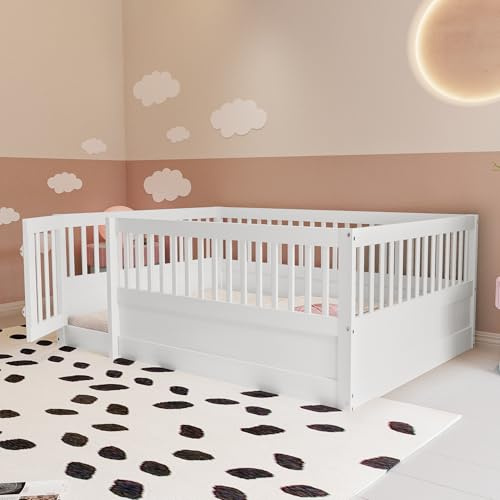 QSOST Lit Plancher Enfant 140x200 cm, lit Montessori avec barrière de sécurité, Cadre en Bois Massif, lit Bas de sécurité pour Enfants sans Lattes (Blanc) (Blanc)