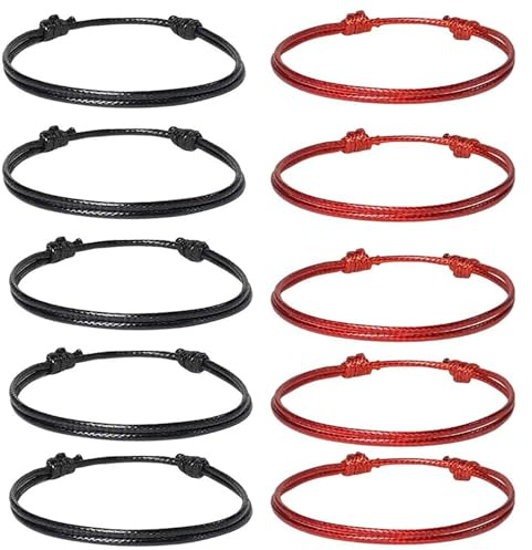 YUBBYSTU Juego de 10 pulseras de cordón para hombres y mujeres, pulseras ajustables de cuerda de nudo de cábala, juego de regalo de moda, pulseras de buena suerte rojo y negro para protección, para él