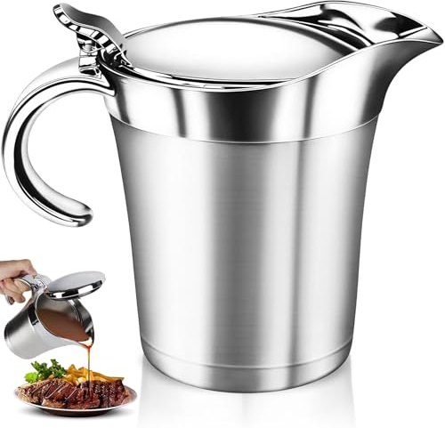Salsera Térmica 450 ml con Tapa Abatible y Asa, Jarra Salsas Elegante Acero Inoxidable, Recipiente Doble Pared Aislamiento Lavavajillas para Natillas, Nata, Crema y Leche (Plata)