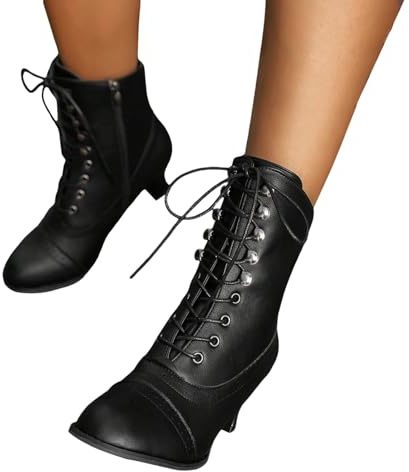 Chaussures médiévales pour femme - Bottines à talon - Bottines à lacets - Vintage - Bottes d'été - Style victorien gothique - Punk - Tige courte - En cuir synthétique - Fermeture éclair