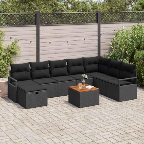 Ziaphsol Trädgårdssockset med kudde, 9 delar, svart poly-rotting för terrass, trädgård, loungegrupp, matgrupp, utomhusmöbler med modulär design och justerbara fötter för avslappnad sittplats utomhus