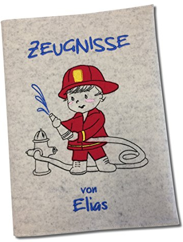 Zeugnismappe Junge personalisiert Feuerwehrmann Wollfilzumschlag und Sichtbuch DIN A4 mit 20 Hüllen