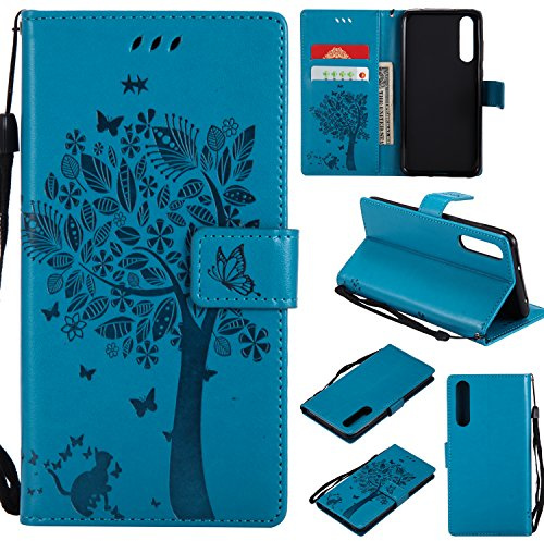 Shinyzone Hülle für Huawei P20 Pro Flip Brieftasche Leder Hülle,Niedlich Karikatur Geprägte Katze & Baum Muster Kartenfach Magnetverschluss mit Ständer Handyhüllen für Huawei P20 Pro,Blau