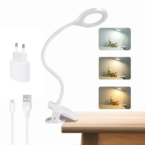 Akynite 36 LED Clip on Bed Lamp USB Rechargeable, 3 Colours and 3 Brightness, Eye Caring Cordless Reading Light, Clip on Bedside Reading Light Dimmable, White