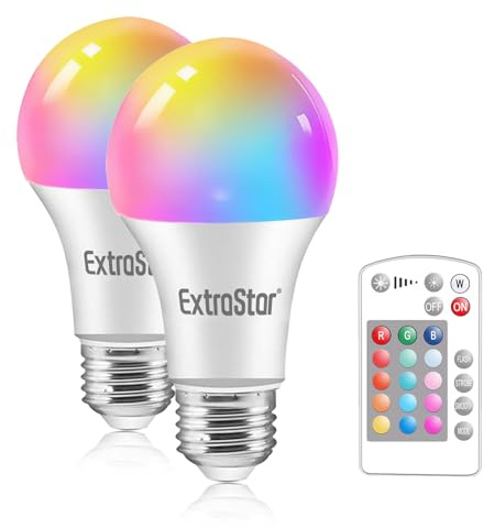EXTRASTAR A60 E27 RGB LED Lampe, 9W Dimmbar, 16 Farben mit Fernbedienung | Farbwechsel Lampe, Glühbirne Farbige Leuchtmittel, 2 Stück