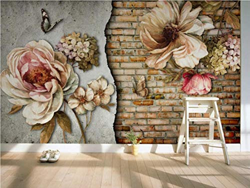 Papier Peint 3D Intissé Mur De Briques De Papillons Floraux Dessinés À La Main Vintage Papier Peint Panoramique 3D Moderne Décoration Murale 400cmX250cm