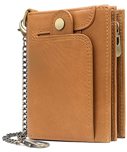 REETEE Geldbörse Herren RFID Schutz Klein Portmonee Echtem Leder Geldbeutel Männer mit Kette Portemonnaie Herren mit Reißverschluss Münzfach und 14 Kartenfächer Herrenbrieftasche (Braun)