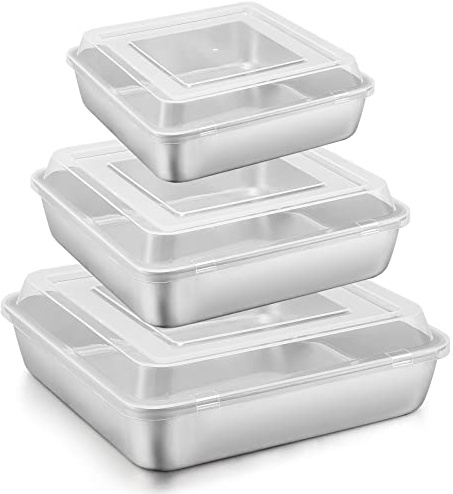 E-far 6/8/9-Inch Square Cake Pan with lid Set, Square Baking Brownie Pans Stainless Steel Bakeware Set of 3, Non-toxic & Healthy, Easy Clean & Dishwasher Safe - 6 Pieces(3 Pans + 3 Covers)