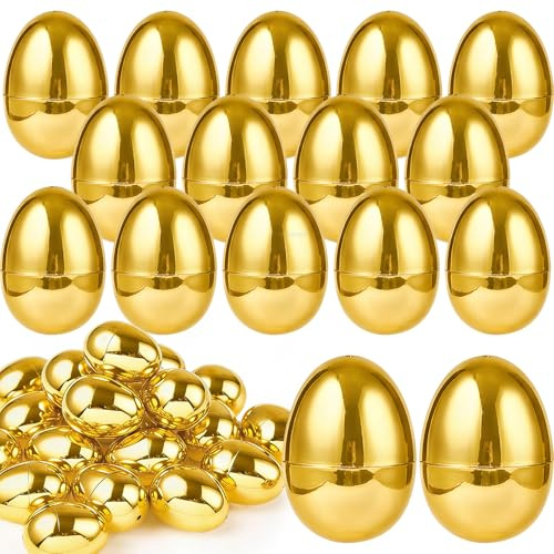 TURNMEON 36PCS Plastic Golden Easter Eggs, 2.36 Fillable Empty Gold Easter Eggs Bulk for Easter Basket Stuffers Fillers, Fillling Candy Treats Toys Eggs Hunt Classroom Prize Supplies and Party Favors