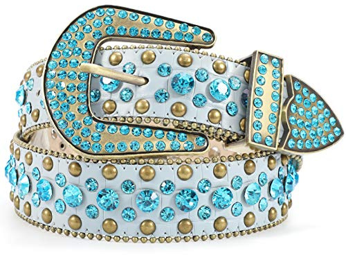 LEACOOLKEY Damenmode Strass Gürtel, Western Cowgirl Nieten Punk PU Ledergürtel für Jeans (S:Passgröße 70cm-80cm = 105cm Gesamtlänge,M-Blau)