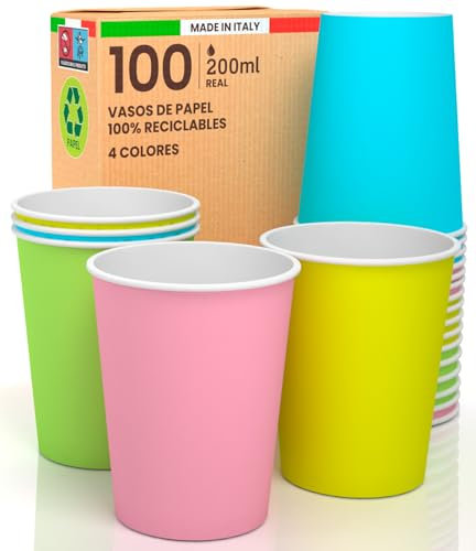 Baciato Caffè 100 Bicchieri in Carta 200ml Ecologici Biodegradabili Monouso Made in Italy Asporto Bevande Calde Acqua - MIX di Colori Verde Giallo Rosa e Celeste - Prodotto e confezionato in Italia