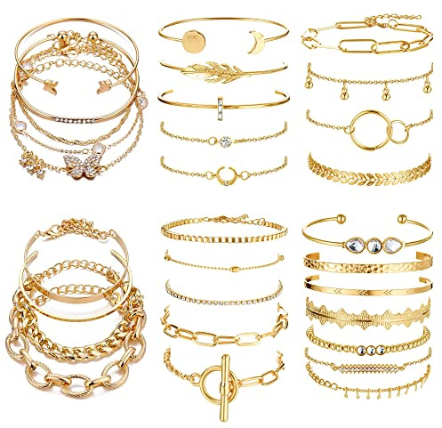 Dochais 30 Pièces Bracelet Femme Layered Or, Bracelet Boheme Chic, Bracelet Chaîne Empilable, Lot de Bracelet Réglable Or pour Femme Fille Cadeau Bijoux