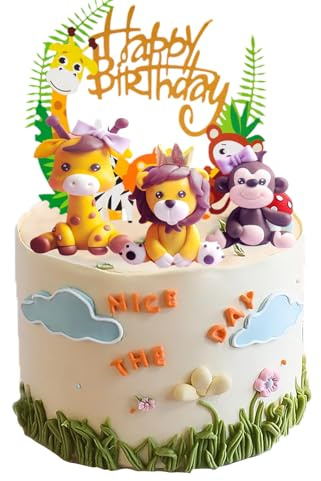 Neodtx Tortendeko 1. Geburtstag für Baby Kinder Mädchen,Cake topper 1. jahr Happy Birthday Kuchendeko Tiere,Giraffe Löwen Affe Figuren Torten Deko Waldtiere Tortenfigur Handgefertigte Nicht essbar