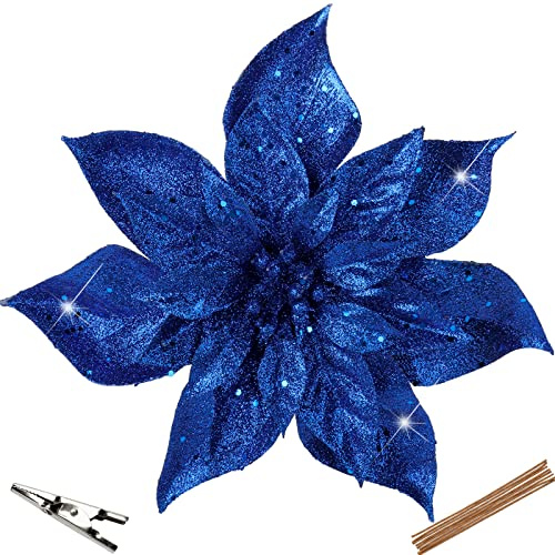 Oairse 8er-Set Künstliche Glitzernde Weihnachtsblumen, Weihnachtssterne mit Clips für Weihnachtsbaum-DIY-Dekoration, künstliche Blumen für Feiertage, Esstisch-Mittelstück, Neujahrs-Ornamente, Blau