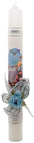 30,5 cm Tauf-Paschal-Kerze, Andenken, tolles katholisches Geschenk für Taufe oder Geburt, blau, rosa oder weiße Rose mit silberfarbenen Akzentbändern, religiöse Ostertradition (blau)