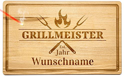 PR Print Royal Großes Holzbrett mit Gravur - Schneidebrett personalisiert mit Name und Jahr - Grillmeister est. - Geschenke für Grillfans | Eschenholz, 40 x 25 x 2 cm, personalisiertes Geschenk