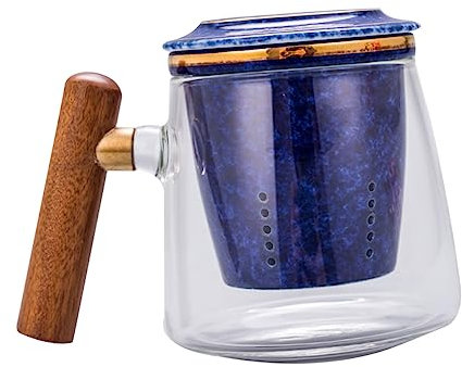 FELTECHELECTR 400ml Glass Flower Tea Cup Lid and Wooden Handle Retro Style Anti-Scald Cup for Office Milk Coffee Easy to Hold Anti-Skid Water