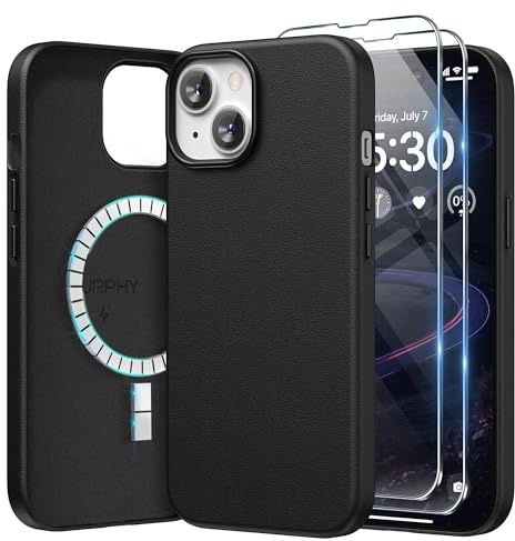SURPHY Leder Hülle für iPhone 15 6,1 mit MagSafe und Displayschutzfolie, Kunstleder Handyhülle, Schutzhülle mit Mikrofaserfutter, Schwarz