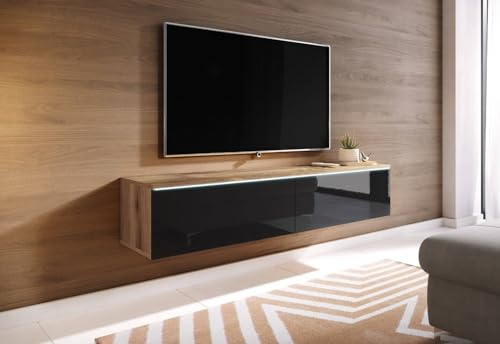 MINIO go for it - TV Schrank Donna Breite 140 cm Lowboard ohne LED | Stehend oder Hängend, Fernsehschrank für das Wohnzimmer, Moderner Stil, Wotan Eiche / Schwarz Hochglanz