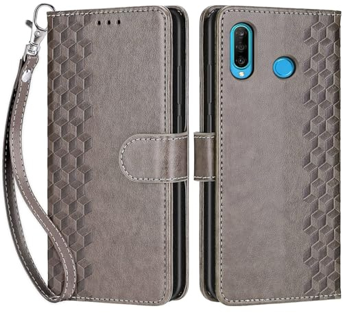 Handyhülle für Huawei P30 Lite Leder Wallet Tasche Würfel - Grau | 3 Kartenfächer & 1 Geldfach, Magnetverschluss, Ständerfunktion, robuste Premium PU Leder Klapphülle für Huawei P30 Lite