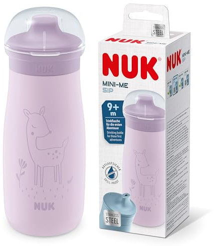 NUK Mini-Me Sip Barnmugg | 9+ månader | 300 ml | Vattenflaska i rostfritt stål för barn | Läckagesäker pip | Splittersäker | Lila hjort