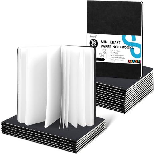 Koogel Mini-Notizbücher, blanko, Papier, Skizzenbücher, kleines Taschenbuch, Notizblöcke, 8,9 x 12,7 cm, Schwarz, für Schule, Büro, Zuhause, Reisen, 16 Stück