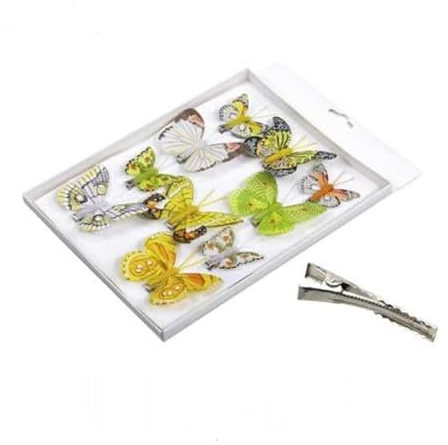RiloStore 10 STK Feder Schmetterlinge Flieder gelb grün Weiss hellgrün o356 Hochzeitsdeko Federschmetterlinge mit Clip Klammer Deko Ostern Hochzeit Schmetterling Federn Anstecker Blumendeko