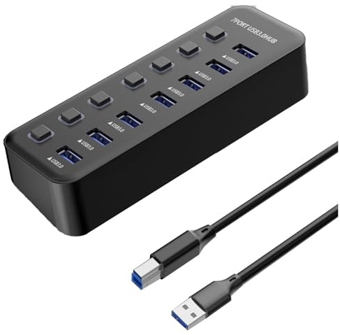 USB Hub 7-Port USB SuperSpeed USB 3.0 Hub with Power Supply USB Splitter Extender with Individual on/off Switches LED Indicator for PC/Laptops/Ultrabooks/Desktops