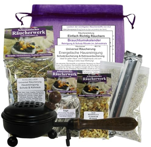 ENERGETISCHE HAUSREINIGUNG + SCHUTZRÄUCHERUNG + KEHRAUSRÄUCHERUNG. 11-TLG Universal Räucherset. 3 x Räucherwerk mit Salbei Sage Weihrauch Olibanum Myrrhe UVM. 8 x ZUBEHÖR 8cm Räucherpfanne. 81716-P