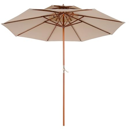 Outsunny Parasol droit Parasol de jardin rond en Bois 2 Toit Polyester 180 g/m² dia. 2,7 x 2,6H m beige