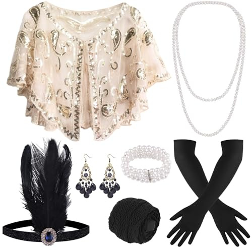 ELFIN 9 Teiliges 20er Accessoires, 1920er Flapper Great Gatsby Accessoires-Set Fashion Roaring 20's Theme Set mit Stirnband, Kopfbedeckung, langen schwarzen Handschuhen, Halskette, Apriskose Gold
