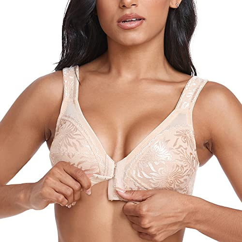 Ayigedu Women's Front Fastening Bras Full Cup Plus Size Non Wired Back Support Bra 48G Beige