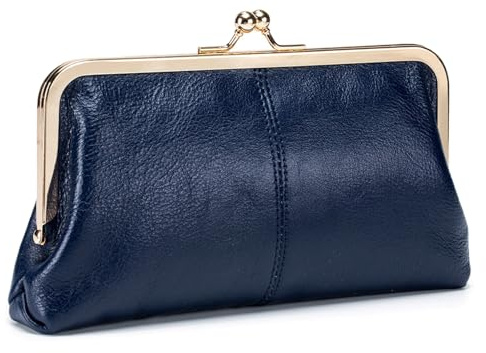 Karoukee Echtleder Große Geldbörse für Frauen, Vintage Damen Kuss-Schloss Portemonnaie, Elegante Handy Geldbeutel mit Reißverschluss Münzfach, Goldene Hardware, Blau