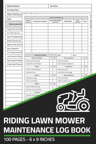 Riding Lawn Mower Maintenance Log Book: Ride On Lawn Mower Repair & Service Record with Daily Inspection Checklist | Maintenance Logbook for Riding Mowers