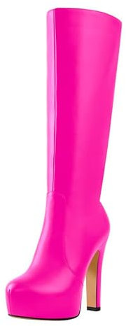 blingqueen Block Heel Knee High Boots Chunky Platform Boots Side Zip Up Tall Boots with Zippers PU Leather Riding Punk Biker Boots for Women Cherry Pink Heel Boots Size 10