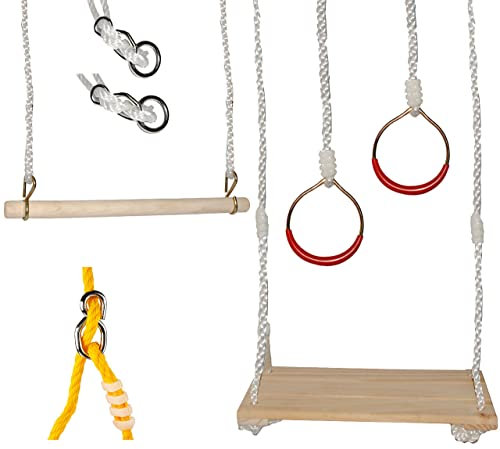 alles-meine.de GmbH 6 TLG. Turnschaukel Set Schaukel aus Holz & Ringe & Trapez & 2 Seile/Kinderschaukel - Höhen verstellbar - Turngeräte - Holzschaukel Kinder - Sport für Inn..