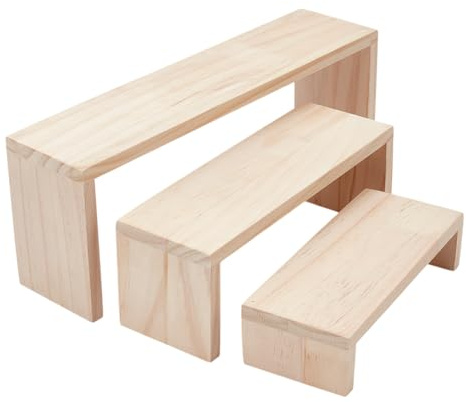 nbeads Présentoir en Bois à 3 Niveau, 3 Taille Support de Risers d'affichage Non Fini Étagères Étagère Vitrine Luminaires Présentoir Détachable pour Cupcake Figurine Présentoir à Bijoux, Burlywood