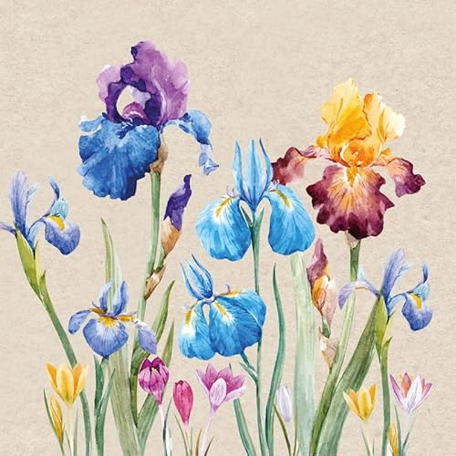 20 nachhaltige Servietten aus Recycling-Papier Blumen Bunte Irisblumen als Tischdeko. Papierservietten mit Motiv. Ökologisch nachhaltige Deko aus recyceltem Papier. 33x33cm