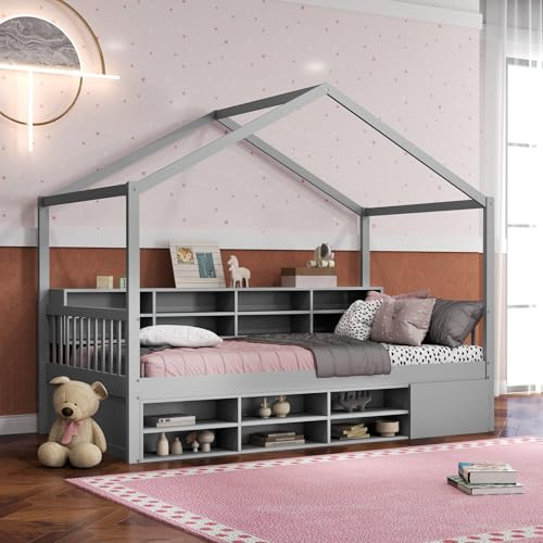 GYMAX Wooden Kids Bed Frame, 201x116cm Children Floor Bed with Guardrails, 14 Storage Cubes, Enclosed Cabinet and Roof, Toddler House Daybed for Boys Girls, No Box Spring Needed (Gray)