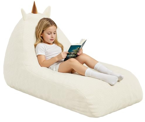 MeMoreCool Cord Sitzsack Kinder von 8–12 Jahren, großer Sitzsäcke mit Füllung, großer Lounge-Sitzsessel für Kuschelecke Kinderzimmer, gemütliche Bodenliege für Mädchen und Jungen, Beige Einhorn