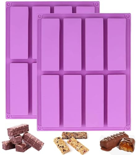 Burrsj Rechteckige Silikon-Backform für Müsliriegel, Energieriegel, Backform, 8 Mulden, wiederverwendbar, Brownie, Muffin, Brot, Pudding und Seife, 2 Stück, antihaftbeschichtet