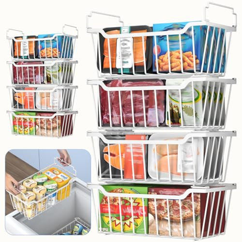 Goovilla Freezer Organizer Bins with Foldable Handle, 8 Pack Stackable Freezer Baskets for 3.5-7 Cu.FT Deep Chest Freezer Organization, White Metal Freezer Storage Bins with Better Space Utilization