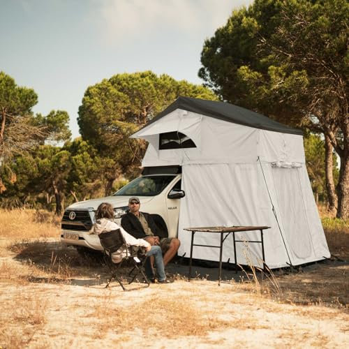 Prime Tech | Autodachzelt Extended Pro L inkl. Vorzelt & 3D-Mesh | Softshell Dachzelt für 2 Personen | Skyview, Ripstop-Stoff & schneller Aufbau | Hellgrau/Oliv-grün